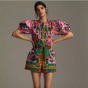 Anthropologie Farm Rio Tropical Floral Tie Front Romper Size L
